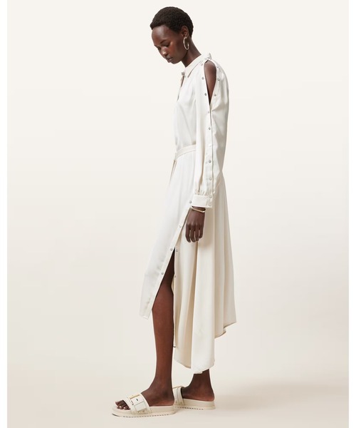 ALLSAINTS(オールセインツ)の「LEXI SATIN MIDI DRESS | LEXI サテン ミディ ドレス・ワンピース(シャツワンピース・レディース・ホワイト・4/6)」の1枚目の写真