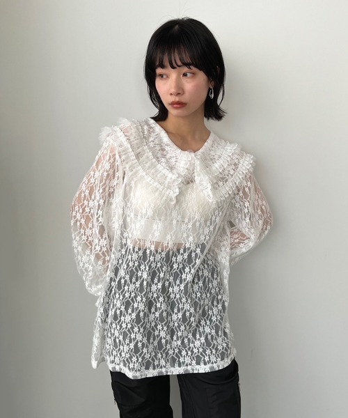 Jewelobe(ジュエローブ)の「ダブルピューリタンカラーレースチュニック(シャツ/ブラウス・レディース・ブラック/ホワイト・FREE)」の2枚目の写真