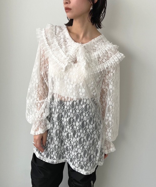 Jewelobe(ジュエローブ)の「ダブルピューリタンカラーレースチュニック(シャツ/ブラウス・レディース・ブラック/ホワイト・FREE)」の6枚目の写真