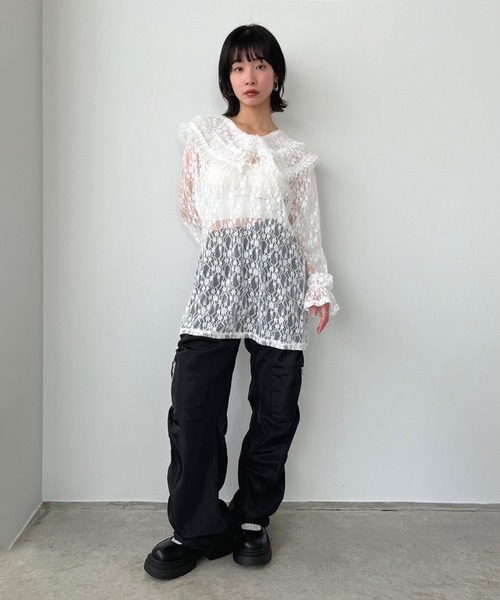 Jewelobe(ジュエローブ)の「ダブルピューリタンカラーレースチュニック(シャツ/ブラウス・レディース・ブラック/ホワイト・FREE)」の9枚目の写真