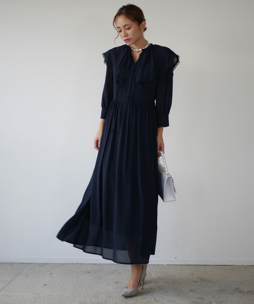 My shawty(マイシャウティー)の「big collar chiffon dress(ドレス・レディース・グレー/ネイビー・FREE)」の2枚目の写真