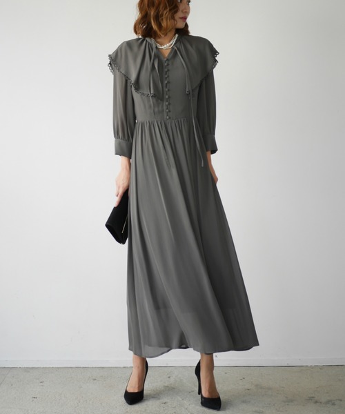 My shawty(マイシャウティー)の「big collar chiffon dress(ドレス・レディース・グレー/ネイビー・FREE)」の1枚目の写真