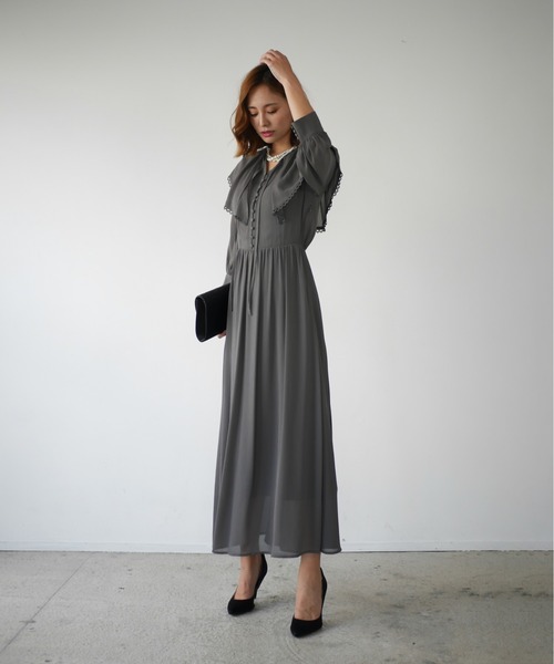 My shawty(マイシャウティー)の「big collar chiffon dress(ドレス・レディース・グレー/ネイビー・FREE)」の6枚目の写真