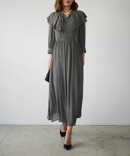 My shawty(マイシャウティー)の「big collar chiffon dress(ドレス・レディース・グレー/ネイビー・FREE)」の8枚目の写真