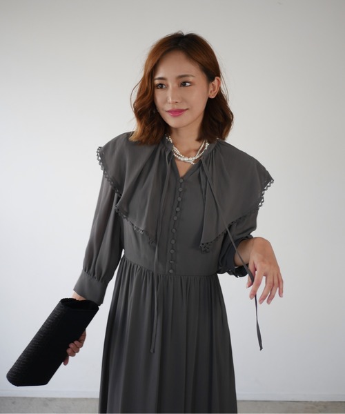 My shawty(マイシャウティー)の「big collar chiffon dress(ドレス・レディース・グレー/ネイビー・FREE)」の10枚目の写真