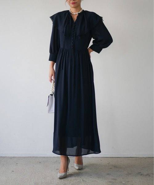 My shawty(マイシャウティー)の「big collar chiffon dress(ドレス・レディース・グレー/ネイビー・FREE)」の17枚目の写真