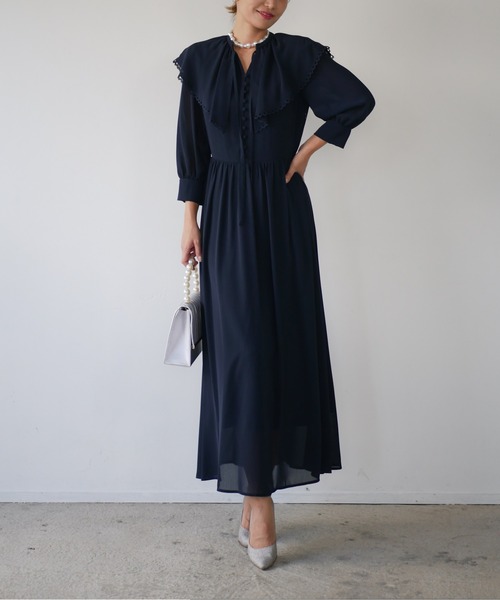 My shawty(マイシャウティー)の「big collar chiffon dress(ドレス・レディース・グレー/ネイビー・FREE)」の18枚目の写真