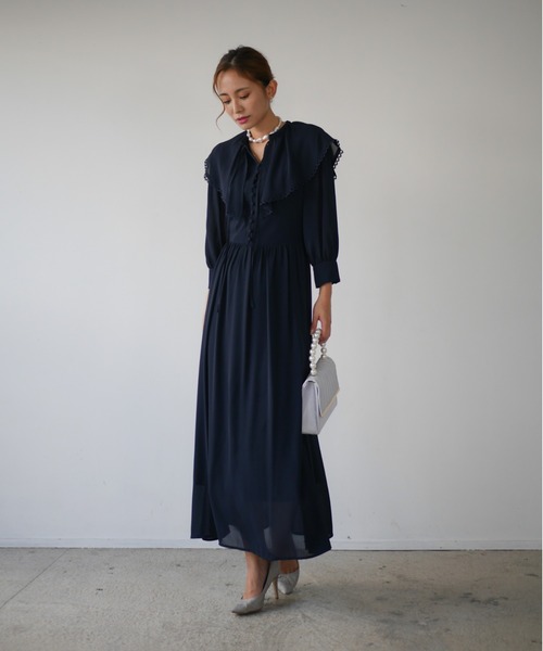 My shawty(マイシャウティー)の「big collar chiffon dress(ドレス・レディース・グレー/ネイビー・FREE)」の15枚目の写真