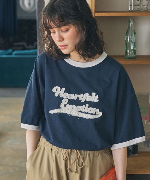 セール】パッチ刺繍 メッセージロゴ リンガー半袖Tシャツ（Tシャツ
