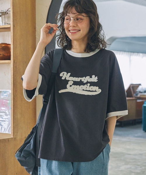 MONO-MART LADY'S(モノマートレディース)の「パッチ刺繍 メッセージロゴ リンガー半袖Tシャツ(Tシャツ/カットソー・レディース・ネイビー/オートミール/スミクロ・FREE)」の8枚目の写真