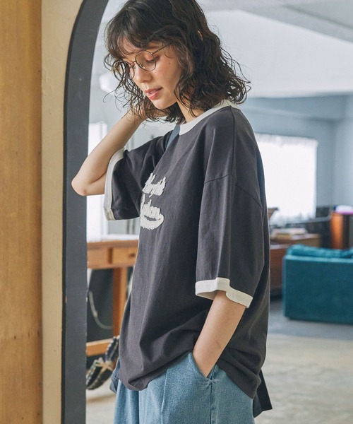 MONO-MART LADY'S(モノマートレディース)の「パッチ刺繍 メッセージロゴ リンガー半袖Tシャツ(Tシャツ/カットソー・レディース・ネイビー/オートミール/スミクロ・FREE)」の9枚目の写真