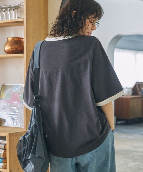 MONO-MART LADY'S(モノマートレディース)の「パッチ刺繍 メッセージロゴ リンガー半袖Tシャツ(Tシャツ/カットソー・レディース・ネイビー/オートミール/スミクロ・FREE)」の10枚目の写真