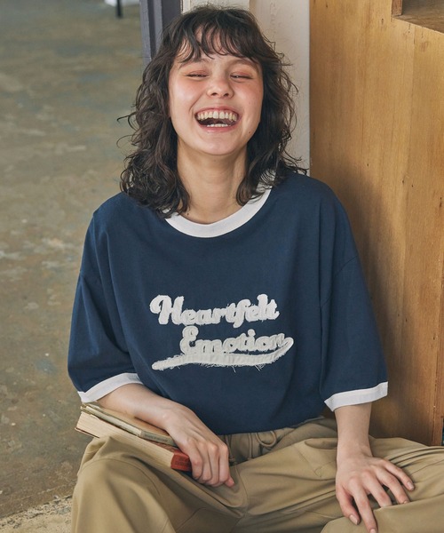 セール】パッチ刺繍 メッセージロゴ リンガー半袖Tシャツ（Tシャツ