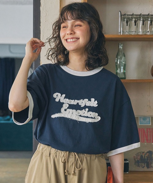 MONO-MART LADY'S(モノマートレディース)の「パッチ刺繍 メッセージロゴ リンガー半袖Tシャツ(Tシャツ/カットソー・レディース・ネイビー/オートミール/スミクロ・FREE)」の17枚目の写真