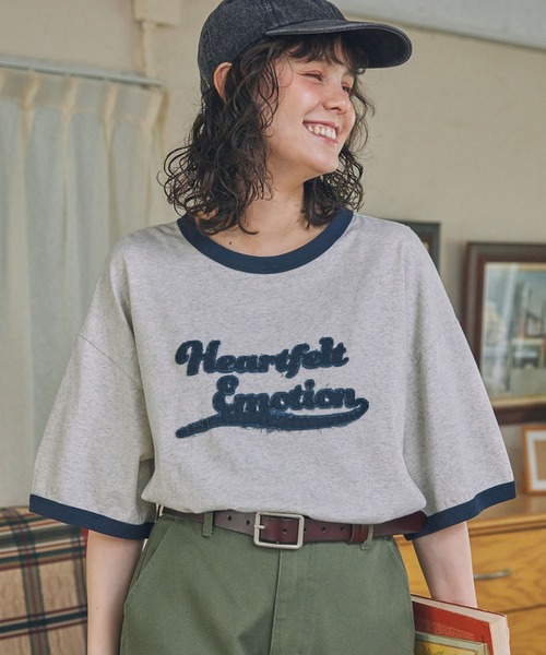 パッチ刺繍 メッセージロゴ リンガー半袖Tシャツ MONO-MART LADY'S
