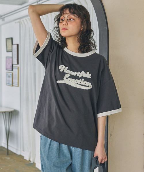 セール】パッチ刺繍 メッセージロゴ リンガー半袖Tシャツ（Tシャツ