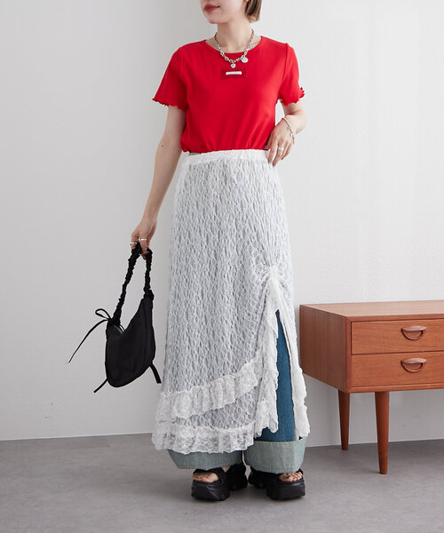 w closet（ダブルクローゼット）の「【5色展開】フリルネーム付きリブT（Tシャツ/カットソー・レディース・レッド/ピンク/サックスブルー/チャコールグレー/オフホワイト・FREE）」の22枚目の写真