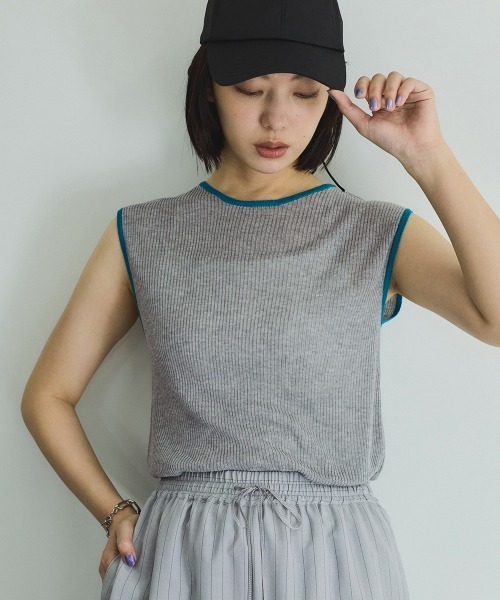 VICKY（ビッキー）の「麻タッチ配色ニットノースリトップス≪手洗い可能≫（ニット/セーター・レディース・オフホワイト/ライトグレー/ブラウン・M）」の4枚目の写真