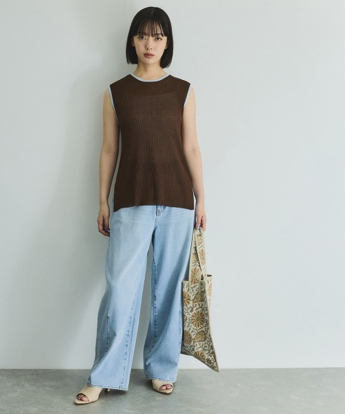 VICKY（ビッキー）の「麻タッチ配色ニットノースリトップス≪手洗い可能≫（ニット/セーター・レディース・オフホワイト/ライトグレー/ブラウン・M）」の7枚目の写真