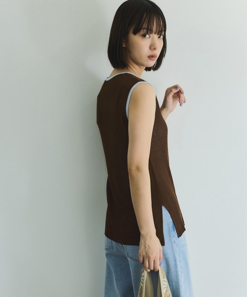 VICKY（ビッキー）の「麻タッチ配色ニットノースリトップス≪手洗い可能≫（ニット/セーター・レディース・オフホワイト/ライトグレー/ブラウン・M）」の10枚目の写真