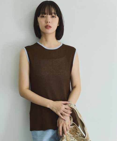 VICKY（ビッキー）の「麻タッチ配色ニットノースリトップス≪手洗い可能≫（ニット/セーター・レディース・オフホワイト/ライトグレー/ブラウン・M）」の11枚目の写真