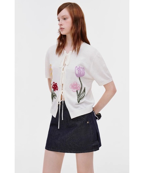 VALENTINO ピンク フラワー装飾 半袖カーディガン VALENTINO ピンク フラワー装飾 半袖カーディガン