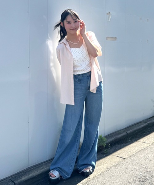 Mi-je(ミジェ)の「シュシュつきシャツインナーセット【韓国ファッション】(シャツ/ブラウス・レディース・サックスブルー/ピンク/オフホワイト・F)」の7枚目の写真