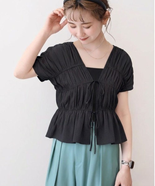 AMERICAN HOLIC（アメリカンホリック）の「【前後2WAY】フロントリボンブラウス（シャツ/ブラウス・レディース・ミント/ブラック/モカ・L/M）」の2枚目の写真
