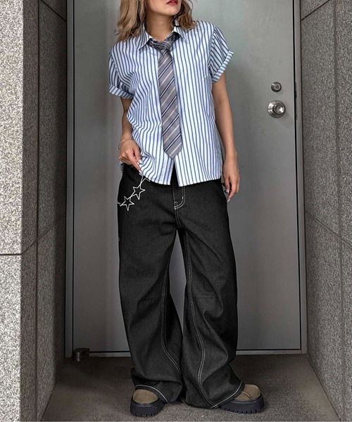 sedacle（セダクル）の「スターチェーン刺繍デニム（デニムパンツ・レディース・ライトインディゴブルー/ブラック・SMALL/MEDIUM/LARGE）」の7枚目の写真