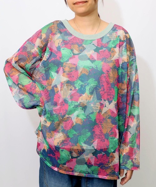 ScoLar(スカラー)の「152695:タンクトップ付 花柄メッシュプルオーバー(Tシャツ/カットソー・レディース・レッド/グリーン/ブラック・M)」の3枚目の写真