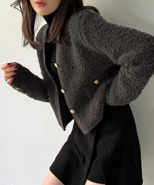 セール】パイル編み金釦ニットジャケット（ノーカラージャケット