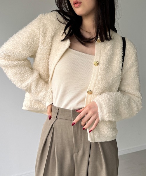 セール】パイル編み金釦ニットジャケット（ノーカラージャケット