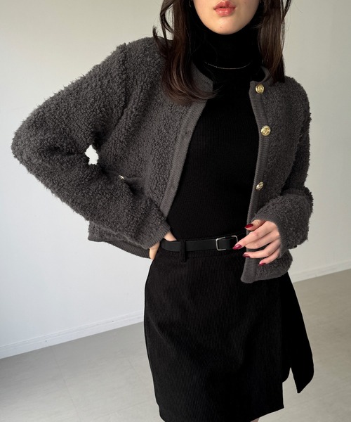 junoah（ジュノア）の「パイル編み金釦ニットジャケット（ノーカラージャケット・レディース・チャコール/ホワイト/ブラック・MEDIUM/LARGE）」の18枚目の写真