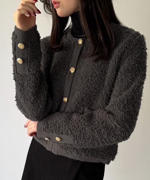 junoah（ジュノア）の「パイル編み金釦ニットジャケット（ノーカラージャケット・レディース・チャコール/ホワイト/ブラック・MEDIUM/LARGE）」の21枚目の写真
