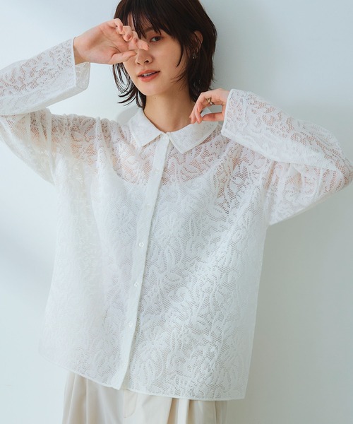 CROSS FUNCTION（クロスファンクション）の「《洗える》サマ美え シアージャガードレースニットカーディガン【CROSS FUNCTION/クロスファンクション】（カーディガン/ボレロ・レディース・ホワイト/チャコールグレー/ブルー・LL/M/L）」の2枚目の写真