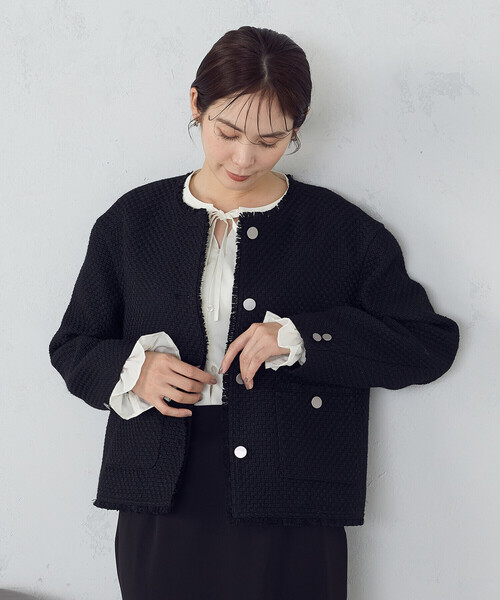 【美品】COMME CA ISM ツイード　ノーカラージャケット ベージュ trim_fce_item65546a781f4f0.jpg