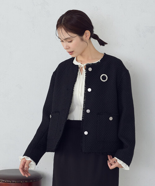 COMME CA ISM（コムサイズム）の「ファンシーツイード　ノーカラージャケット（ノーカラージャケット・レディース・ブラック/グレー・LARGE/MEDIUM）」の4枚目の写真