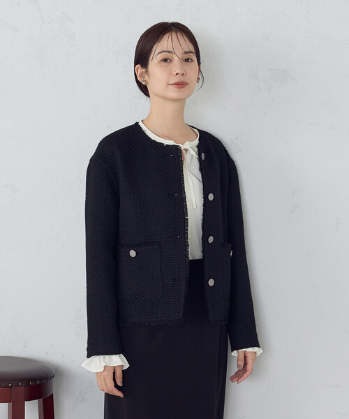 COMME CA ISM（コムサイズム）の「ファンシーツイード　ノーカラージャケット（ノーカラージャケット・レディース・ブラック/グレー・LARGE/MEDIUM）」の5枚目の写真