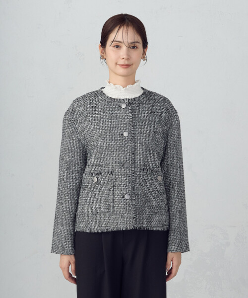【美品】COMME CA ISM ツイード　ノーカラージャケット ベージュ trim_fce_item65546a781f4f0.jpg