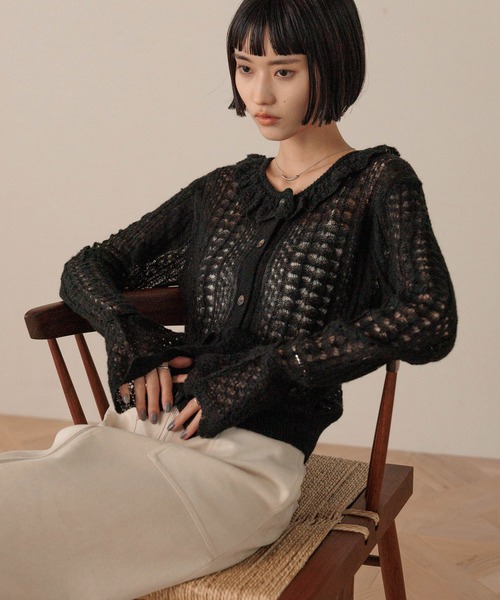 LOWRYS FARM(ローリーズファーム)の「レーシーフリルカーディガン 593406(カーディガン/ボレロ・レディース・アイボリー/ライトグリーン/ブラック・FREE)」の1枚目の写真