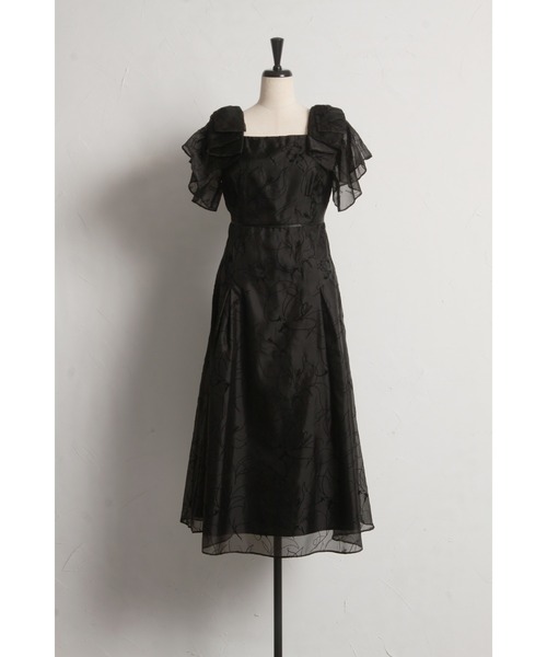 tocco closet（トッコ　クローゼット）の「リボンラッフルスリーブラインフロッキーフラワーワンピース（ワンピース・レディース・ブラック/ラベンダー・M）」の19枚目の写真