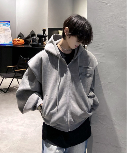 neos（ネオス）の「【neos】ショート丈 ルーズシルエット バルーンスリーブ ジップアップ スウェット パーカー（パーカー・メンズ・グレー/ブラック・MEDIUM/LARGE/X-LARGE）」の2枚目の写真