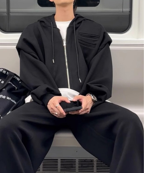 neos（ネオス）の「【neos】ショート丈 ルーズシルエット バルーンスリーブ ジップアップ スウェット パーカー（パーカー・メンズ・グレー/ブラック・MEDIUM/LARGE/X-LARGE）」の5枚目の写真