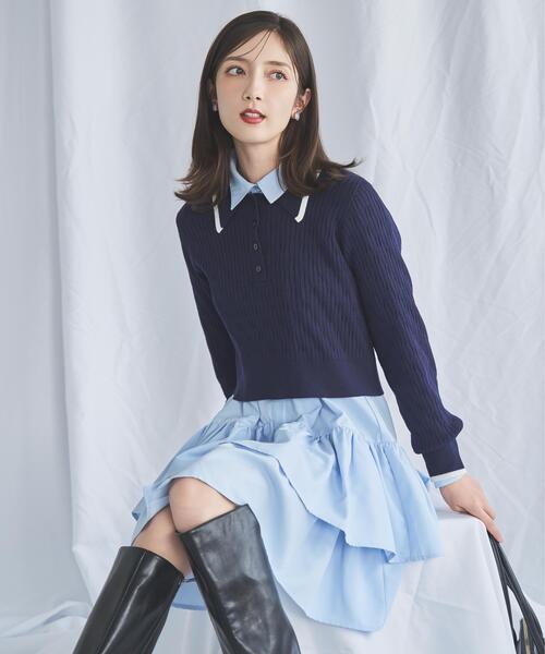 SWINGLE（スウィングル）の「配色ポロニット（ニット/セーター・レディース・ネイビー/ライトグレー/キャメル/ブラウン/グレー/オフホワイト・FREE）」の14枚目の写真