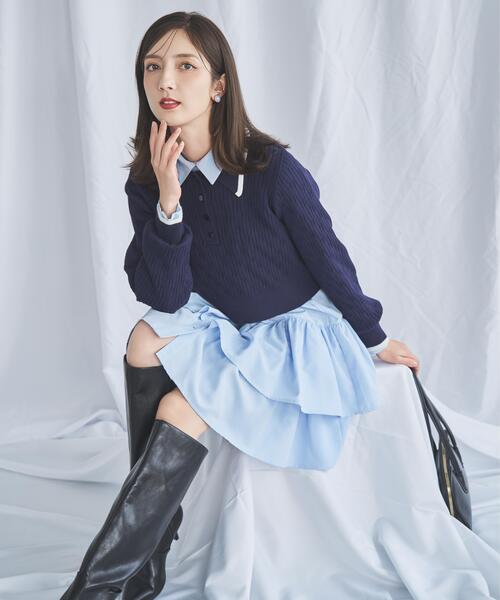 SWINGLE（スウィングル）の「配色ポロニット（ニット/セーター・レディース・ネイビー/ライトグレー/キャメル/ブラウン/グレー/オフホワイト・FREE）」の15枚目の写真