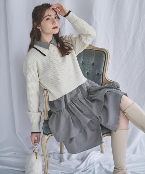 SWINGLE（スウィングル）の「配色ポロニット（ニット/セーター・レディース・ネイビー/ライトグレー/キャメル/ブラウン/グレー/オフホワイト・FREE）」の16枚目の写真