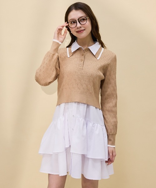 SWINGLE（スウィングル）の「配色ポロニット（ニット/セーター・レディース・ネイビー/ライトグレー/キャメル/ブラウン/グレー/オフホワイト・FREE）」の6枚目の写真