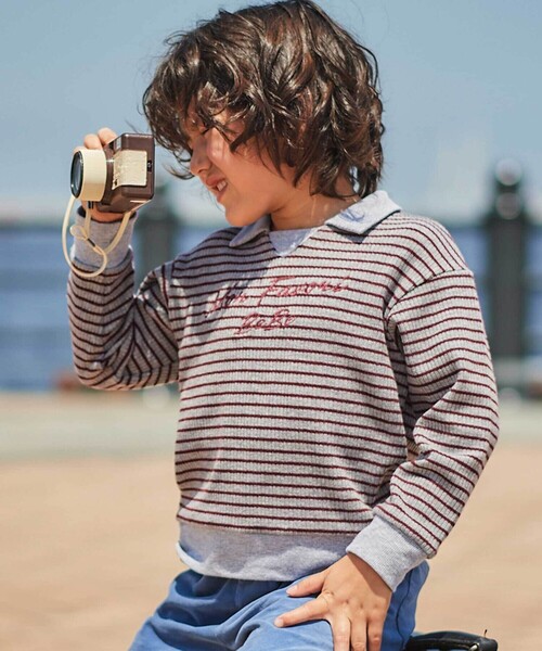 BeBe（ベベ）の「【お揃い】ボーダーリブZIPカラー長袖プルオーバー（ニット/セーター・キッズ・ホワイト系その他2/グレー系その他・130cm/110cm/140cm/150cm/120cm/100cm）」の2枚目の写真