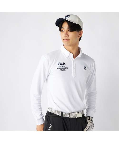 FILA GOLF(フィラゴルフ )の「FILA GOLF フィラゴルフ ゴルフウェア ワンポイント ロゴ 軽量 保温 ストレッチ 裏起毛 長袖 ボタンダウン ポロシャツ(ポロシャツ・メンズ・ネイビー/ホワイト/ブラック・M/L/3L/LL)」の2枚目の写真