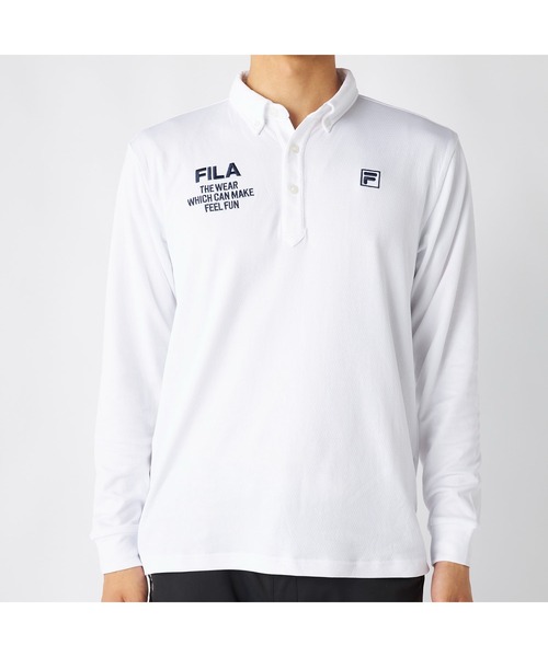 FILA GOLF(フィラゴルフ )の「FILA GOLF フィラゴルフ ゴルフウェア ワンポイント ロゴ 軽量 保温 ストレッチ 裏起毛 長袖 ボタンダウン ポロシャツ(ポロシャツ・メンズ・ネイビー/ホワイト/ブラック・M/L/3L/LL)」の4枚目の写真